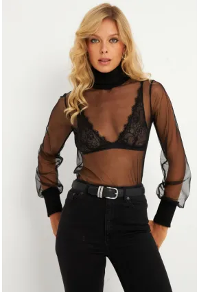 Kadın Siyah Balıkçı Yaka Tül Yılbaşı Bluz EY2901