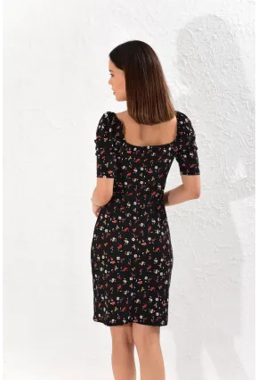 Kadın Siyah Balon Kol Kare Yaka Elbise Yİ1809