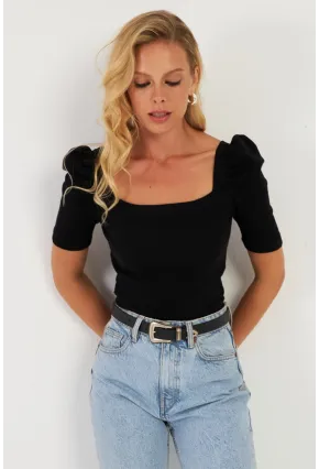 Kadın Siyah Balon Kol Kaşkorse Bluz XL2019