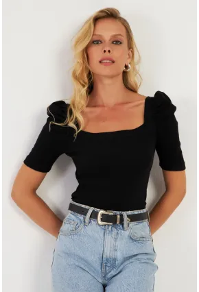 Kadın Siyah Balon Kol Kaşkorse Bluz XL2019