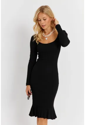 Kadın Siyah Balon Kol Kaşkorse Midi Elbise EY2855