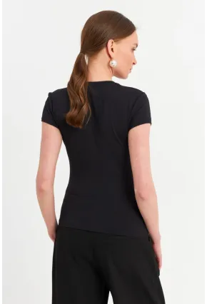 Kadın Siyah Basic T-Shirt FLS07