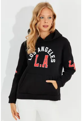 Kadın Siyah Baskılı Kapüşonlu Sweatshirt DA146