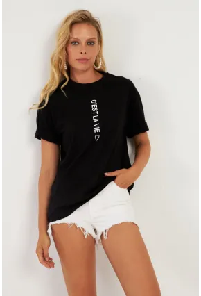 Kadın Siyah Baskılı T-Shirt AYD356