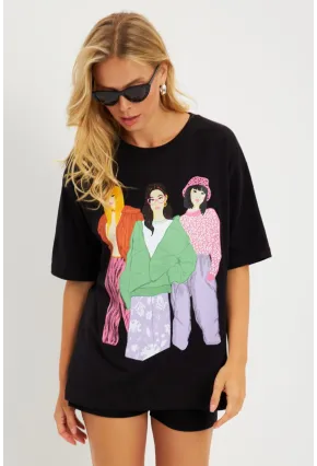 Kadın Siyah Baskılı T-Shirt DY1329