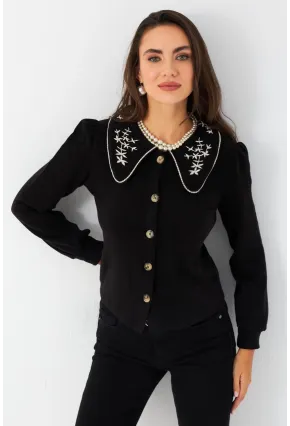 Kadın Siyah Bebe Yaka Nakışlı Gömlek MQS5378
