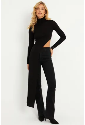 Kadın Siyah Beli Açık Asimetrik Balıkçı Uzun Bluz EY2902