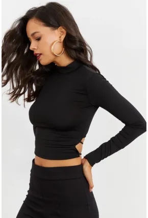 Kadın Siyah Beli Açık Crop Bluz GÇ115