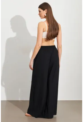 Kadın Siyah Beli Lastikli Bürümcük Pantolon ROP105