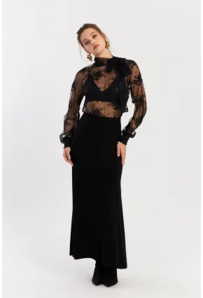 Kadın Siyah Beli Lastikli Evoze Maxi Etek EY2923