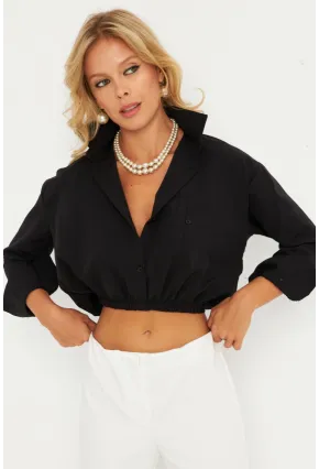 Kadın Siyah Beli Lastikli Gömlek ELT3835
