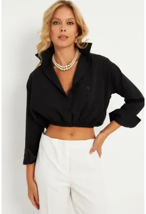Kadın Siyah Beli Lastikli Gömlek ELT3835
