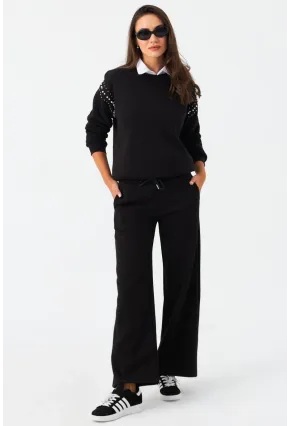 Kadın Siyah Beli Lastikli Palazzo Eşofman Altı ZM30