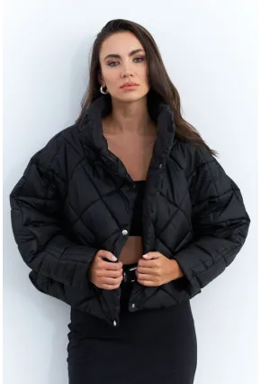 Kadın Siyah Beli Lastikli Yarasa Kol Şişme Mont MX11