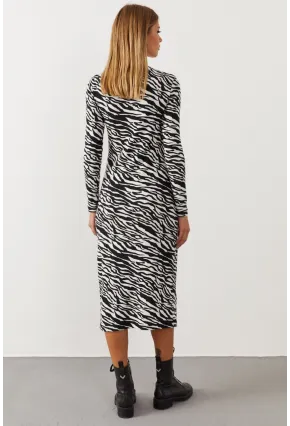 Kadın Siyah-Beyaz Çift Yırtmaçlı Zebra Desen Elbise EY1066