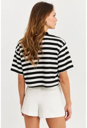 Kadın Siyah-Beyaz Çizgili Crop Bluz KY7145