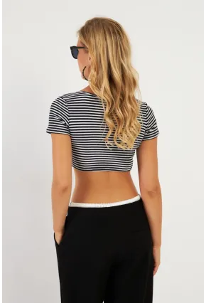 Kadın Siyah-Beyaz Çizgili Crop Bluz XL2022
