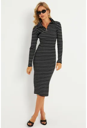 Kadın Siyah-Beyaz Çizgili Kaşkorse Midi Elbise YLE43