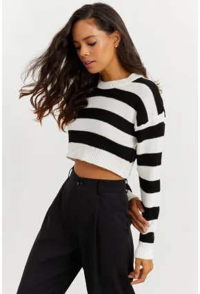 Kadın Siyah-Beyaz Çizgili Kısa Kazak SF1538