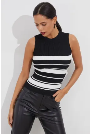 Kadın Siyah-Beyaz Çizgili Kolsuz Triko Bluz YV113