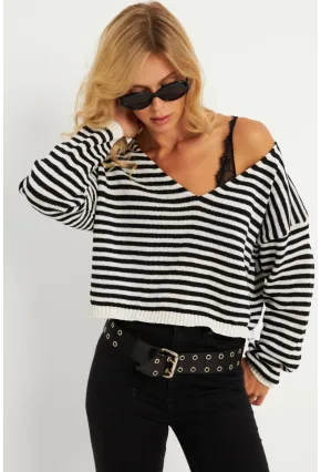 Kadın Siyah-Beyaz Çizgili Triko Bluz YV278