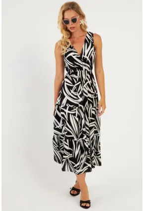 Kadın Siyah-Beyaz Desenli Kruvaze Midi Elbise YZ634