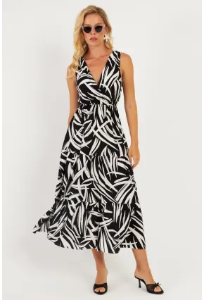 Kadın Siyah-Beyaz Desenli Kruvaze Midi Elbise YZ634