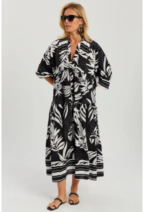 Kadın Siyah-Beyaz Desenli Salaş Maxi Elbise GÇ166