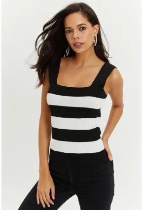 Kadın Siyah-Beyaz Kare Yaka Triko Bluz YV80