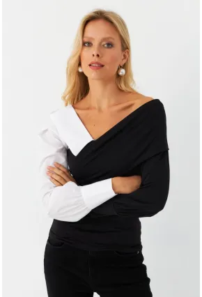 Kadın Siyah-Beyaz Kruvaze Bluz LİK8