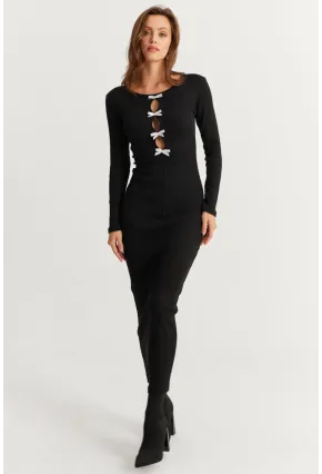 Kadın Siyah-Beyaz Kurdele Detaylı Kaşkorse Maxi Yılbaşı Elbise XL2043