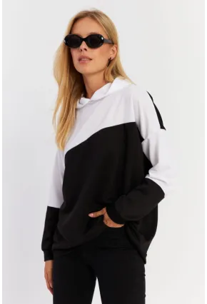 Kadın Siyah-Beyaz Renk Bloklu Kapüşonlu Sweatshirt DA148