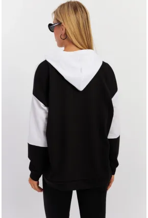 Kadın Siyah-Beyaz Renk Bloklu Kapüşonlu Sweatshirt DA148