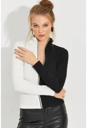 Kadın Siyah-Beyaz Renk Bloklu Kaşkorse Bluz EY2586