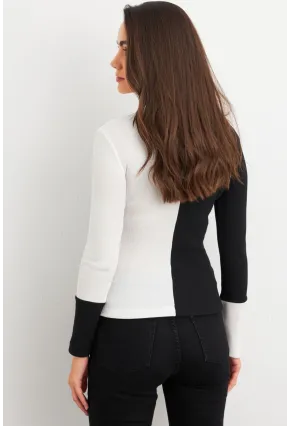 Kadın Siyah-Beyaz Renk Bloklu Kaşkorse Bluz EY3033
