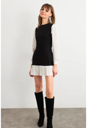 Kadın Siyah-Beyaz Renk Bloklu Mini Elbise HOR0052