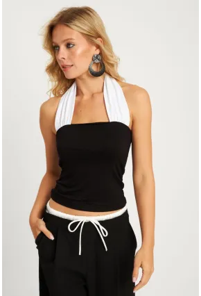 Kadın Siyah-Beyaz Sırtı Açık Kontrast Bluz EY2834