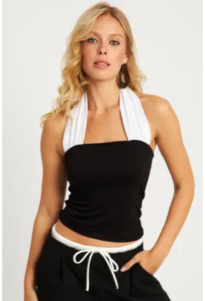 Kadın Siyah-Beyaz Sırtı Açık Kontrast Bluz EY2834