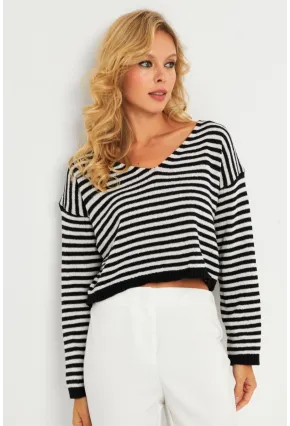 Kadın Siyah-Beyaz V Yaka Çizgili Bluz YV280