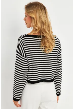 Kadın Siyah-Beyaz V Yaka Çizgili Bluz YV280