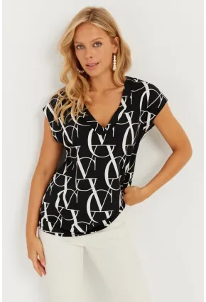 Kadın Siyah-Beyaz V Yaka Desenli Bluz AYD293
