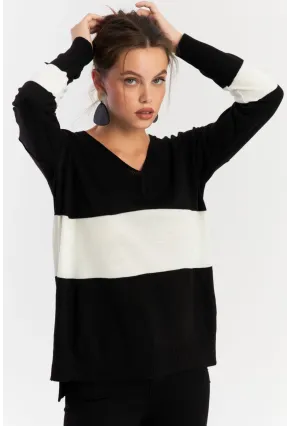 Kadın Siyah-Beyaz V Yaka Triko Bluz YİL555