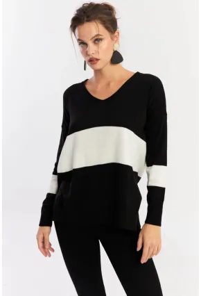 Kadın Siyah-Beyaz V Yaka Triko Bluz YİL555