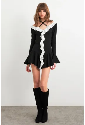 Kadın Siyah-Beyaz Volanlı İspanyol Kol Mini Elbise DCF108
