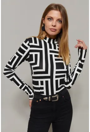 Kadın Siyah-Beyaz Yarım Balıkçı Desenli Bluz LPP1133-1