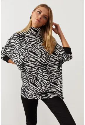 Kadın Siyah-Beyaz Zebra Desenli Balıkçı Yaka Salaş Bluz EY1060