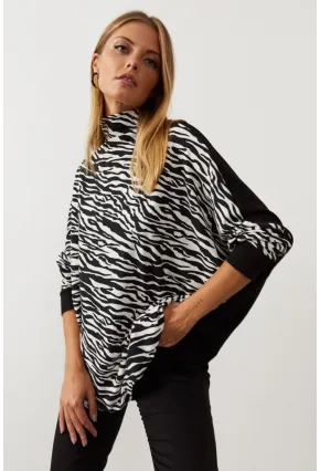 Kadın Siyah-Beyaz Zebra Desenli Balıkçı Yaka Salaş Bluz MEY1060