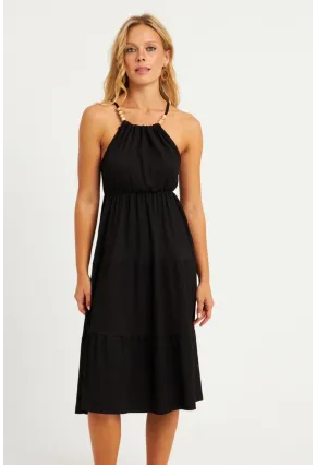 Kadın Siyah Boncuk Detaylı Bürümcük Midi Elbise HO52