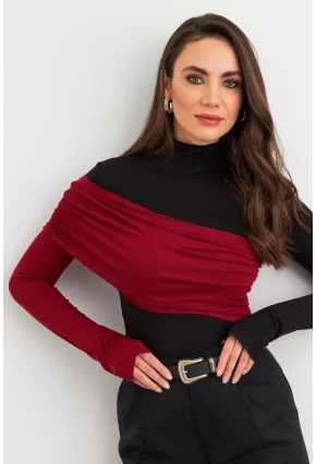 Kadın Siyah-Bordo Bloklu Bluz EY3018