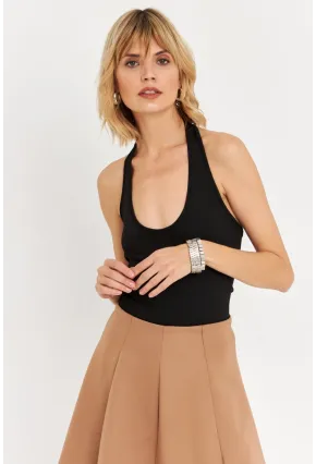 Kadın Siyah Boyun Askılı Crop Bluz TF69